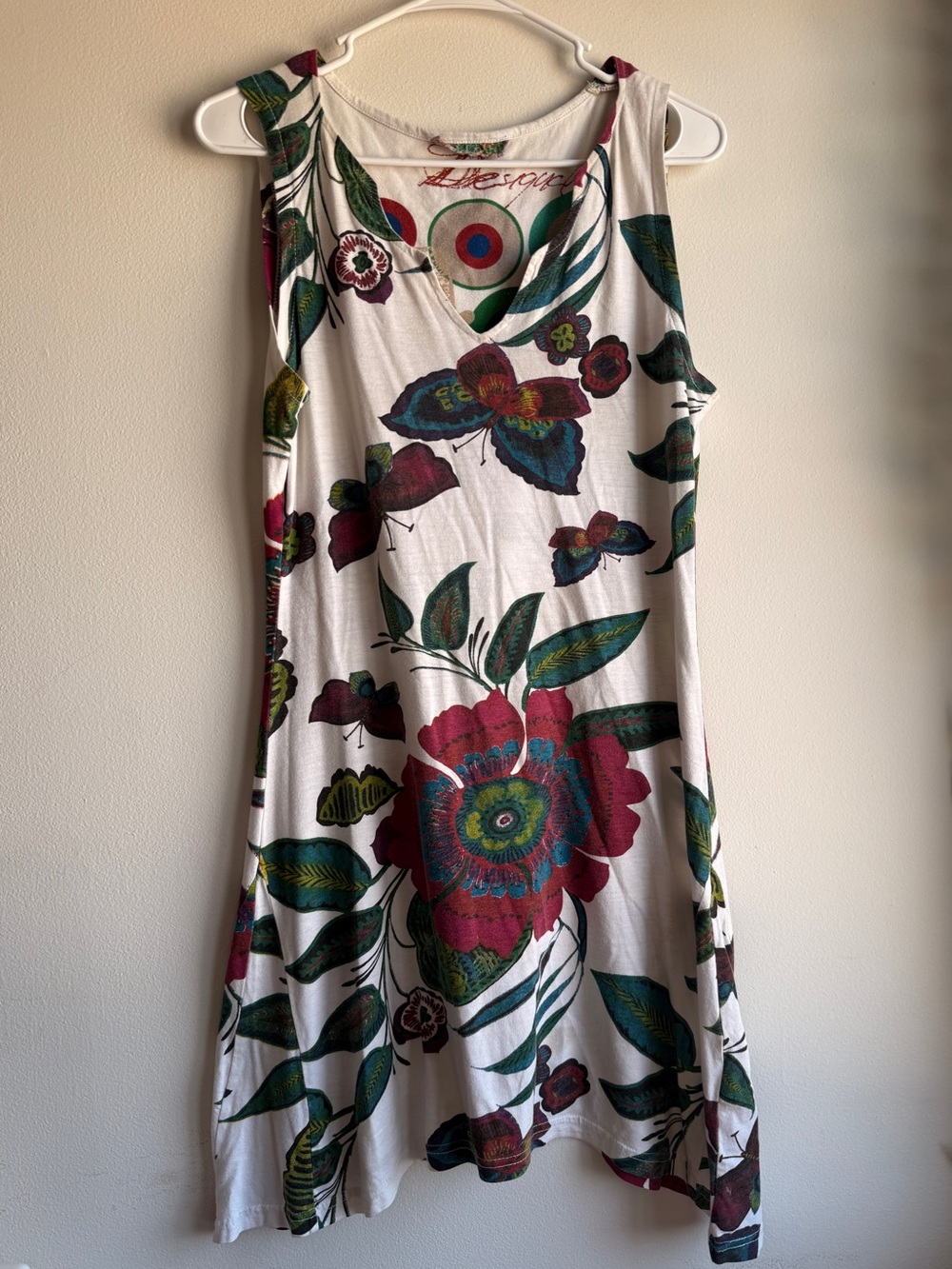 Desigual White Midi Dress with Botanical Butterfly Print A-Line Best Fits Size M